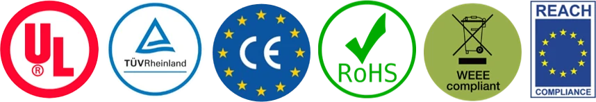 UL, TUV Rheinland, CE, RoHS, WEEE and REACH certification marks