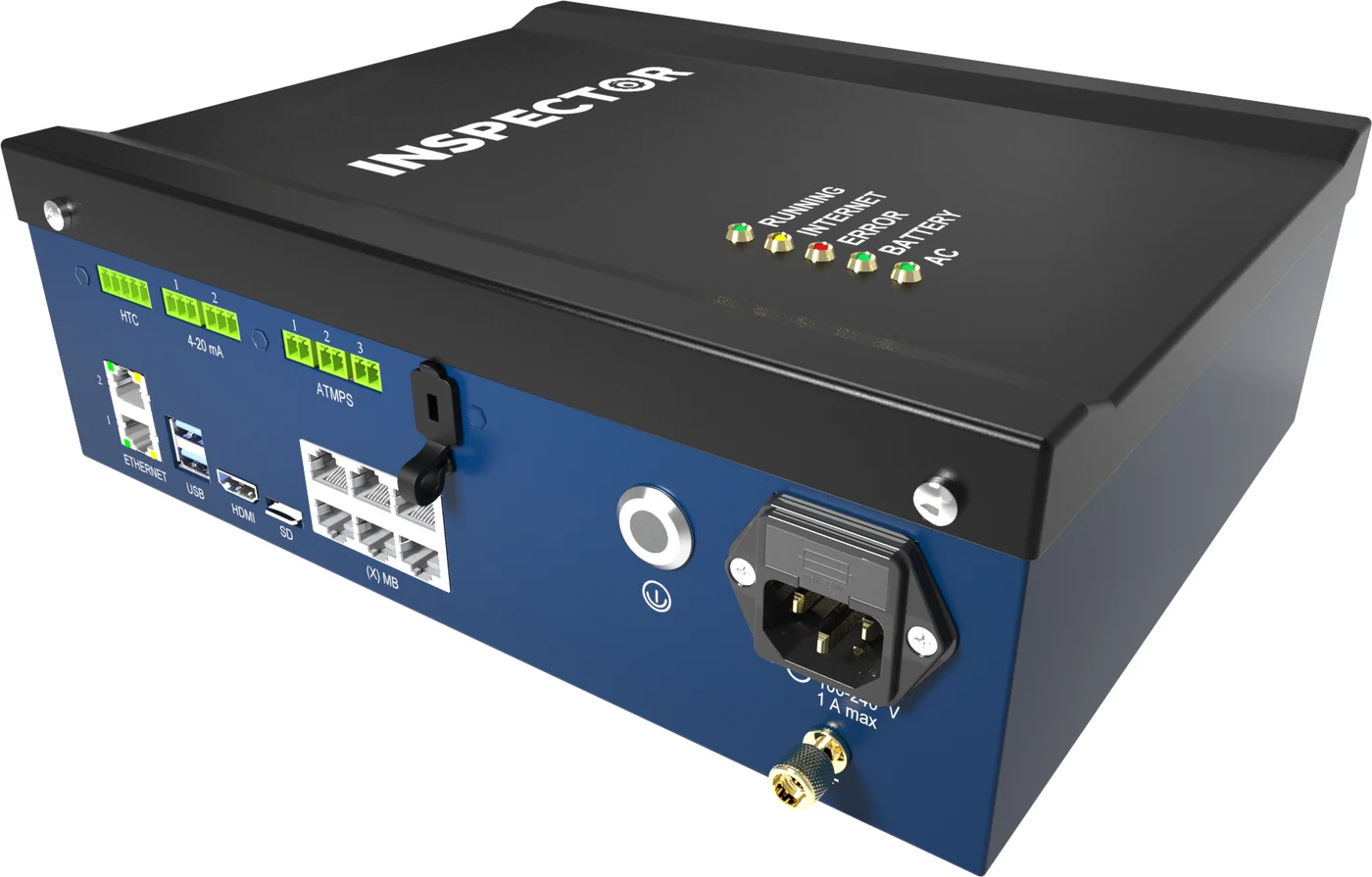 Inspector V4 connection panel with Ethernet, USB, HDMI and sensor inputs