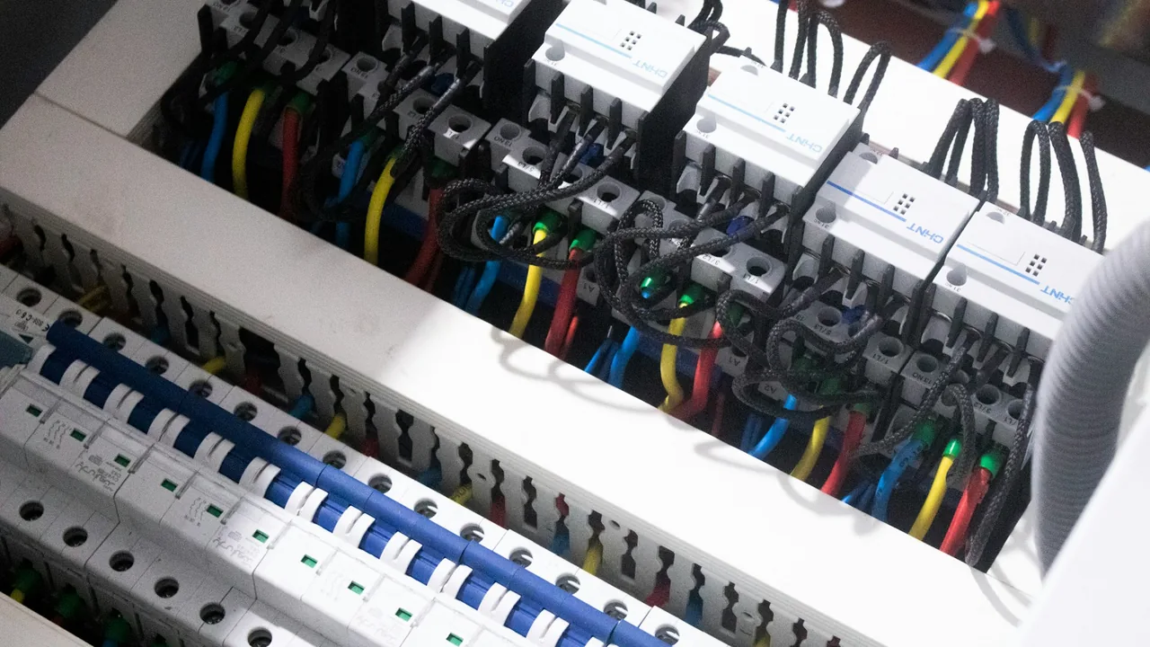 Circuit breakers and wiring inside an electrical distribution panel